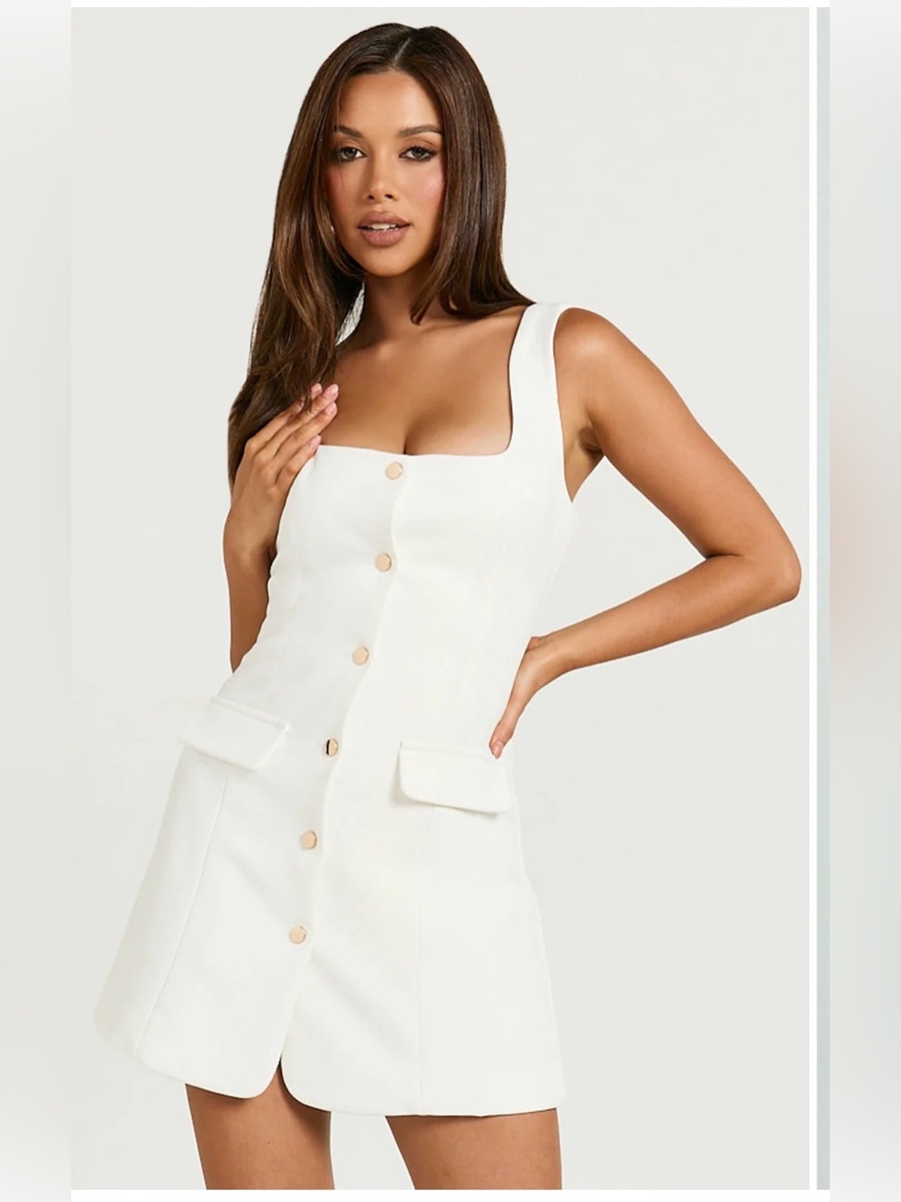 Showpo Cream Square Neck Button-Front Mini Dress